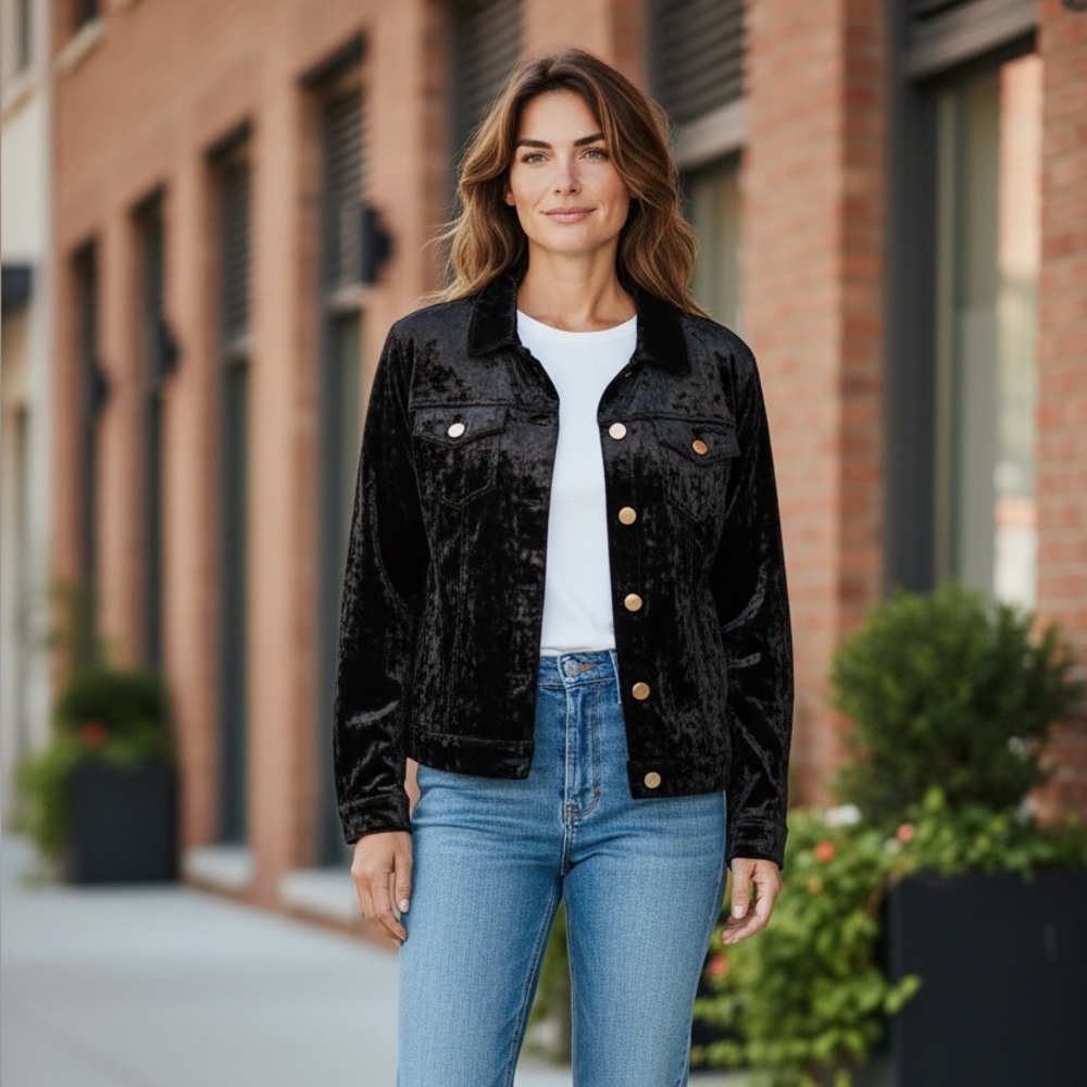 Andrew Marc NY Black Crushed Velvet Jean Jacket Gold Branded Buttons L
